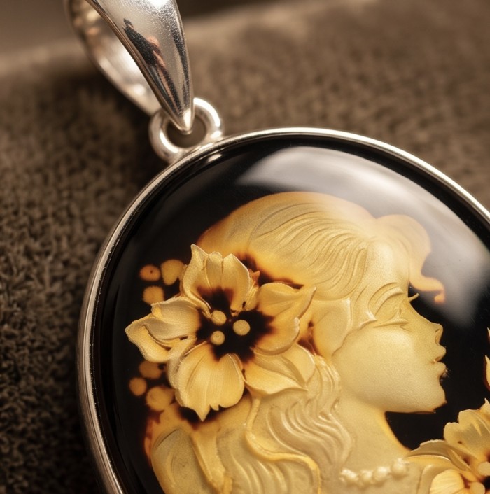 Vintage Design Cameo Natural Baltic Amber .925 Sterling Silver handmade Pendant - Close-up of vintage cameo pendant in sterling silver setting.