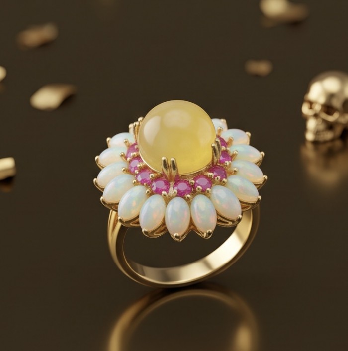 Real Art! - Luxurious 11.9 carat Yellow Sapphire 18K Gold over .925 Sterling Silver handcrafted Ring s. 8 - Opulent ring with yellow sapphire and opals on display surface.