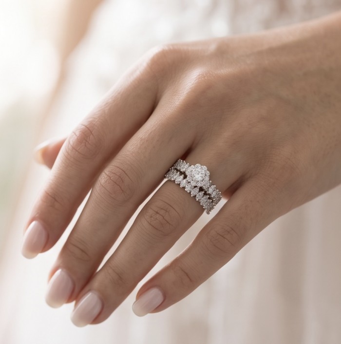 Pure Love Spectacular 7.9 carat White Topaz .925 Sterling Silver stacking ring size 9 - White topaz ring set worn on hand, showcasing intricate design.