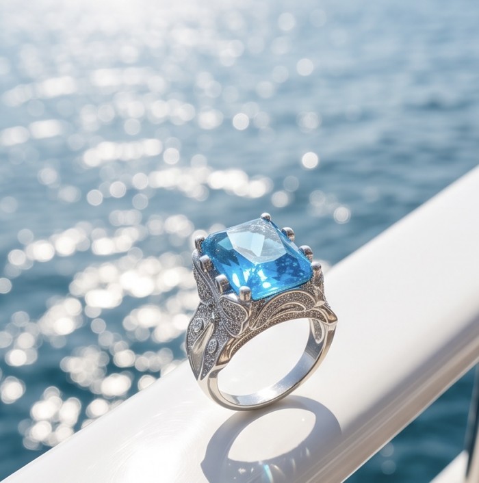 Ocean Blue 14.2 carat Swiss Blue Topaz .925 Silver handcrafted Cocktail Ring s. 6 1/4 - Side view of Swiss Blue Topaz ring against a shimmering ocean backdrop.