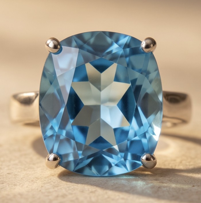 Aqua 18.5 carat Swiss Blue Topaz rhodium over .925 Sterling Silver handcrafted ring size 5 3/4 - Close-up of Swiss Blue Topaz ring with rhodium over sterling silver.