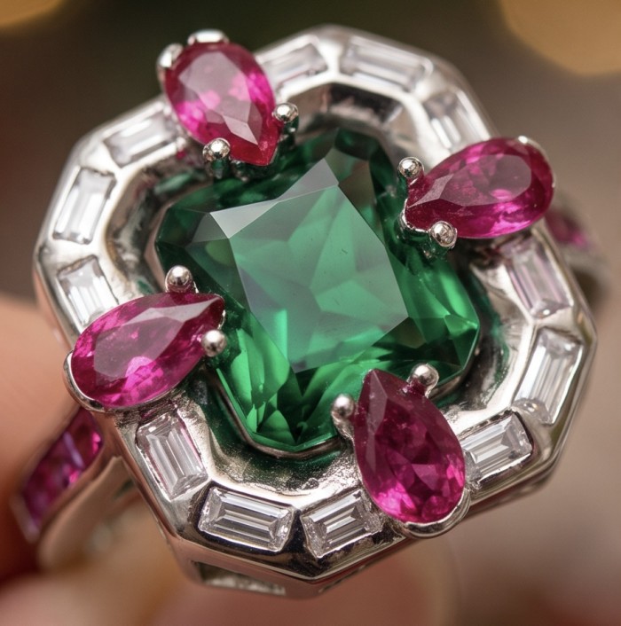 Art Deco 8.6 ctw Emerald .925 Sterling Silver handcrafted Statement Ring size 8 - Close-up of Art Deco emerald ring with ruby and diamond accents