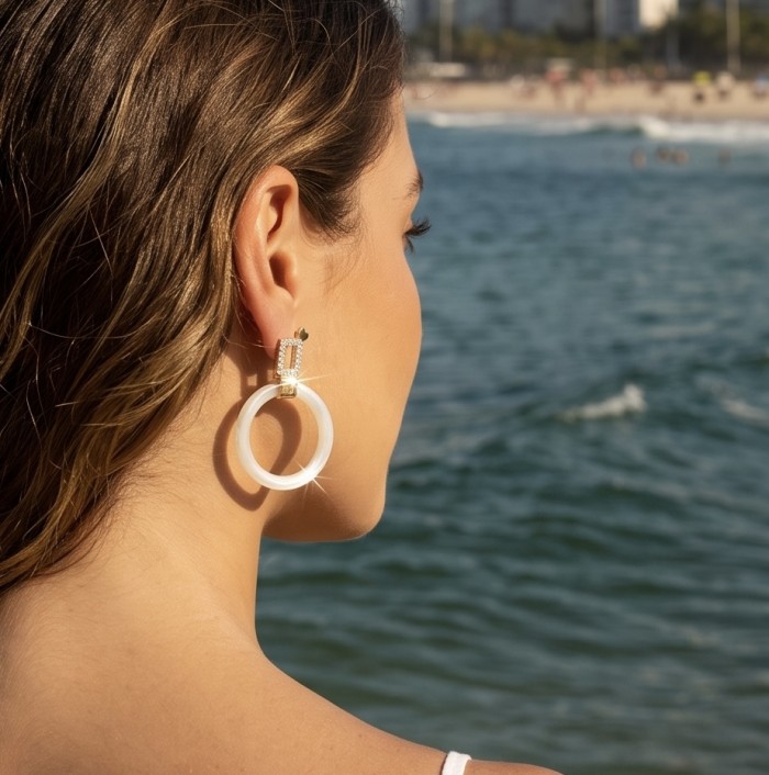 Genuine Blister Pearl lab grown Diamond 18K Gold over .925 Sterling Silver handcrafted Statement Earrings - Side view of earring on woman by the sea, 18K Gold and Pearl design.