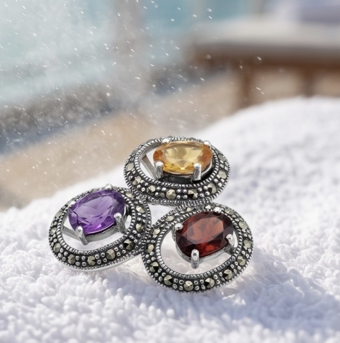 Vintage style Authentic 7.4 carat Multigem .925 Sterling Silver brilliantly handcrafted Statement Ring size 9 - Close-up of vintage style multigem rings on white surface