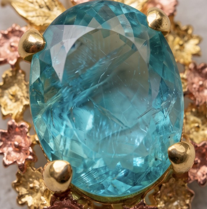 Luxurious 31.6 carat Apatite from Kenya 2 tones 18K Gold over .925 Sterling Silver handmade Pendant - Close-up of 31.6 carat Kenyan Apatite in two-tone 18K gold setting