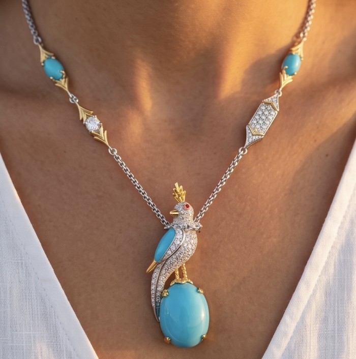 Precious Bird on a Rock 14.4 carat Sleeping Beauty Turquoise 18K Gold over .925 Sterling Silver Necklace; 18 inches long - Necklace with bird pendant and turquoise stone, worn on neck.