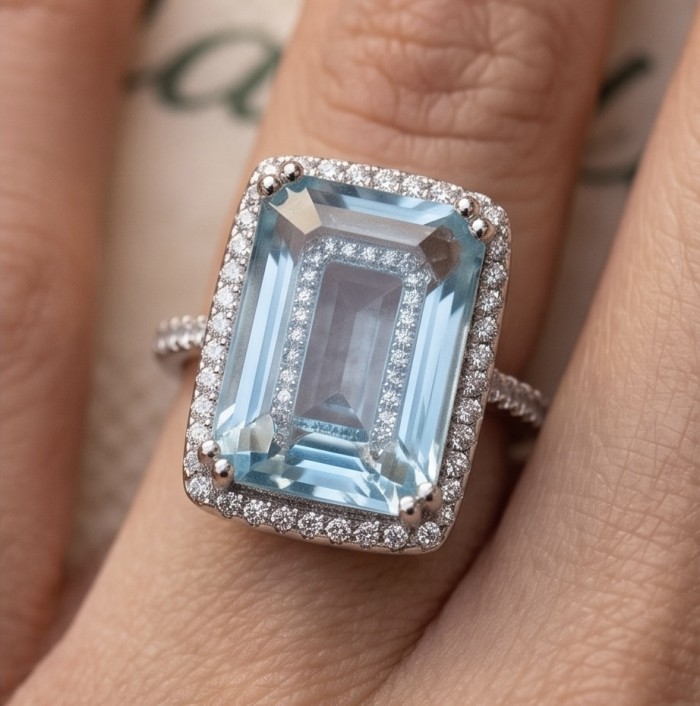 Angelina 10.9 carat authentic Aquamarine .925 Sterling Silver Handcrafted Ring size 7 - Aquamarine ring close-up on hand, .925 Sterling Silver, 10.9 carat stone
