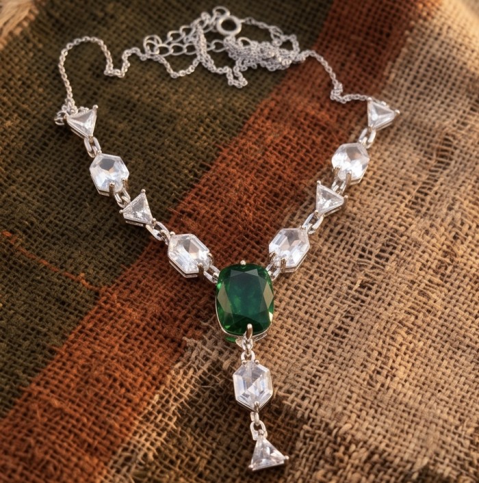 Giovanna - Authentic 7.5 CARAT natural Colombian Emerald .925 Sterling Silver handcrafted necklace - Necklace with emerald and clear stones displayed on burlap fabric.