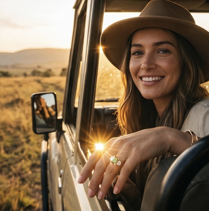 Giovanna- Authentic 7.5 CARAT natural Colombian Emerald .925 Sterling Silver dipped in Rhodium handcrafted Ring size 7 - Emerald ring worn on hand, sunlit safari setting.