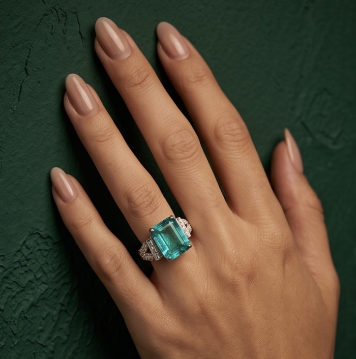 Elizabeth 11.7 carat Colombian Emerald .925 Sterling Silver dipped in Rhodium handcrafted Ring size 7 3/4 - Colombian emerald ring on hand, front view