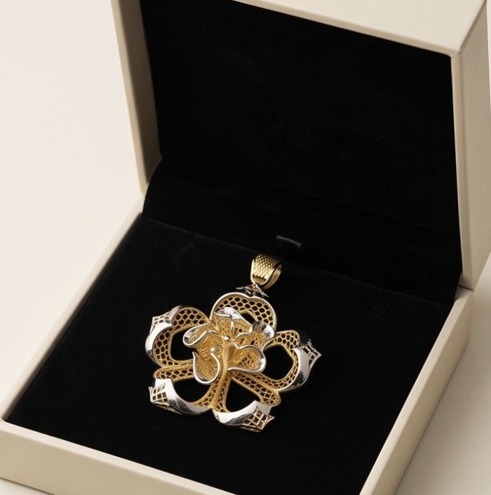 Dubai Style - Blooming Golden Rose .925 Sterling Silver dipped in 22K Gold handmade Pendant - Gold and silver rose pendant in a box, top view.