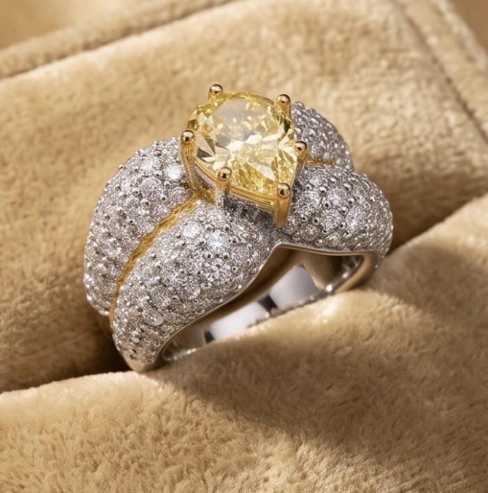 Solid 8.8 carat Genuine Yellow Sapphire 4.8 carat pave Moissanite .925 Sterling Silver handcrafted ring size 7 - Close-up of ring with yellow sapphire and pave stones on fabric background