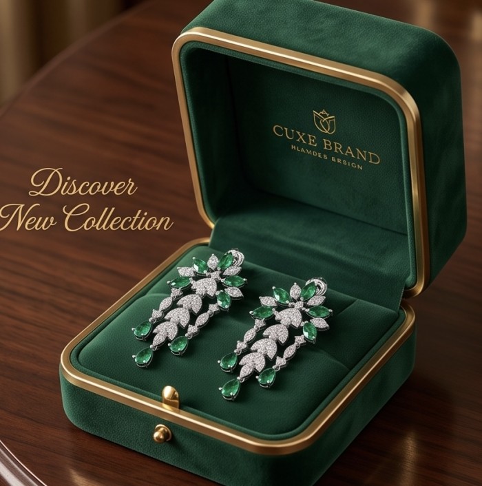 Giovanna - Authentic 8.5 CARAT natural Colombian Emerald .925 Sterling Silver handcrafted Statement earrings - Emerald earrings in plush green box, top view of Giovanna collection.