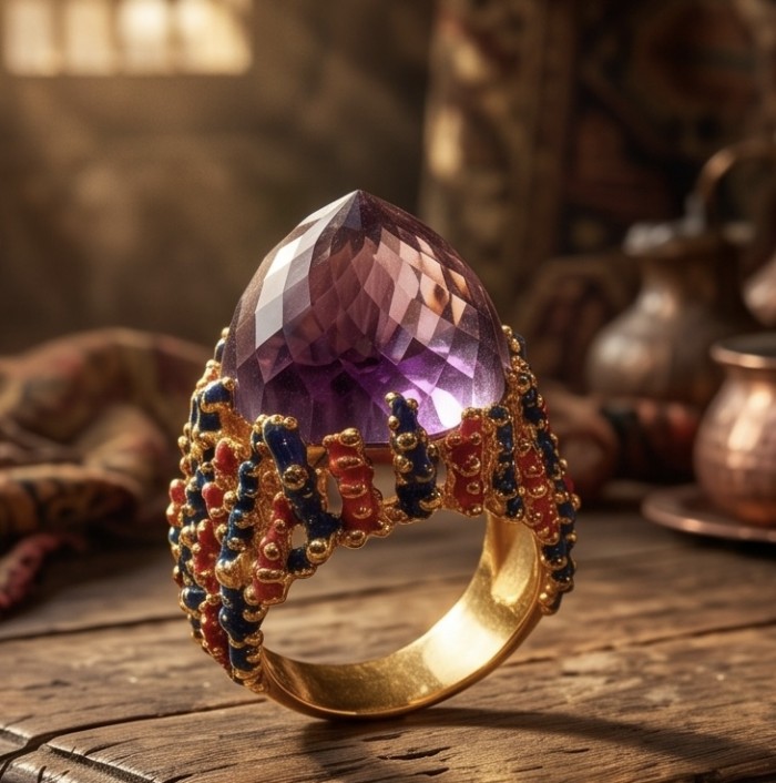 Peace 14.5 carat natural Fancy Rose cut Amethyst Enamel 22K Gold over .925 Sterling Silver Handcrafted Ring size 7 3/4 - Close-up of Fancy Rose cut Amethyst ring in 22K gold setting.