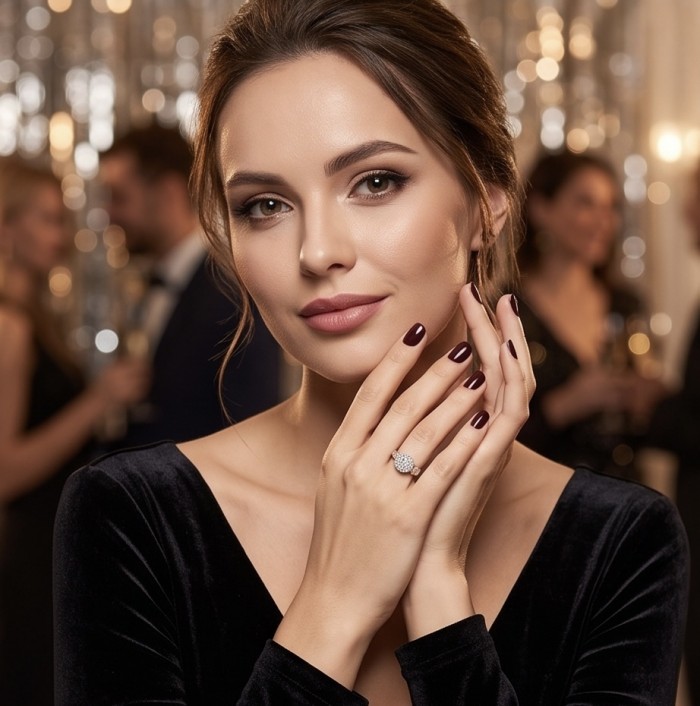 Precious 4.2 carat pave White Topaz 2 tones .925 Sterling Silver Handcrafted Cocktail Ring s. 8 - Woman wearing pave White Topaz ring, evening event background.