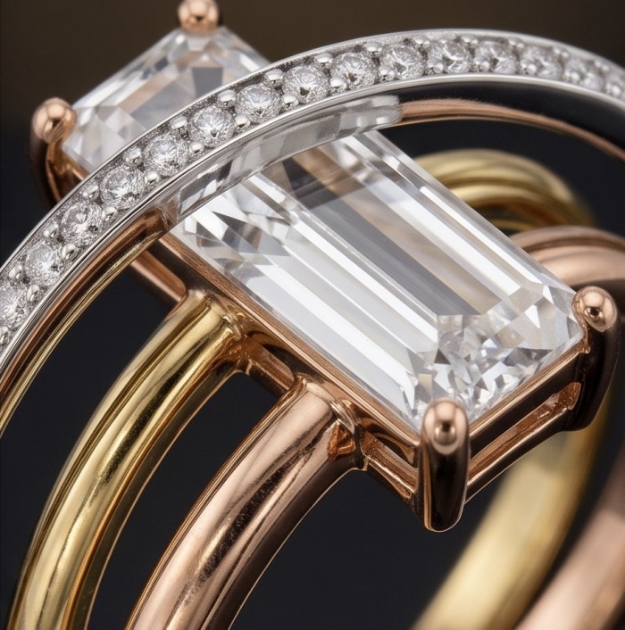 Extravaganza - Authentic 4.5 CARAT natural Moissanite 3 tones .925 Sterling Silver dipped in rhodium handcrafted Ring size 8 - Close-up of 3-tone Moissanite ring with diamond accents.