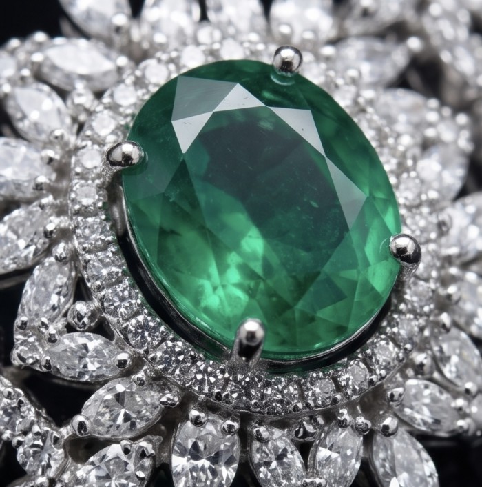 Precious 8.2 carat natural Colombian Emerald rhodium over .925 Sterling Silver .925 Sterling Silver Statement Bracelet - Close-up of Colombian Emerald ring with diamond accents.