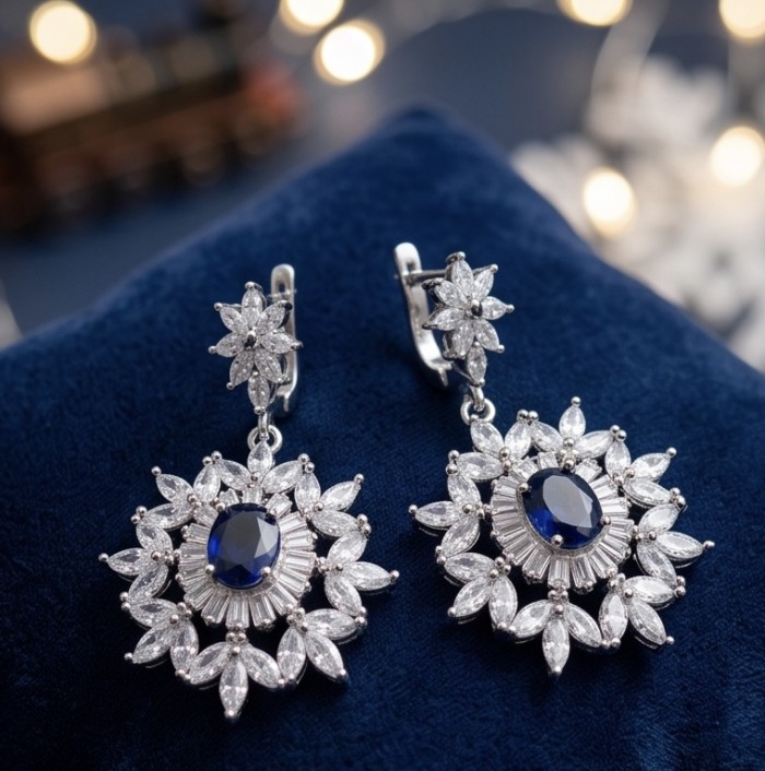 Giuseppina - Authentic 4.5 carat Sapphire rhodium over .925 Sterling Silver handcrafted Statement earrings - Elegant sapphire earrings close-up on blue fabric background