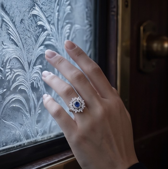 Classy design - baquette cut 6.7 carat natural Sapphire .925 Sterling Silver Perfectly handcrafted Ring s. 8 - Sapphire ring worn on hand by frosted window, intricate design visible.