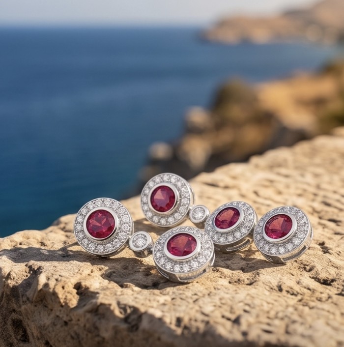 Serenade authentic 7.5 carat Brazilian Pink Topaz rhodium over .925 Sterling Silver handcrafted Earrings - Close-up of Pink Topaz jewelry set on a rocky ledge by the sea.