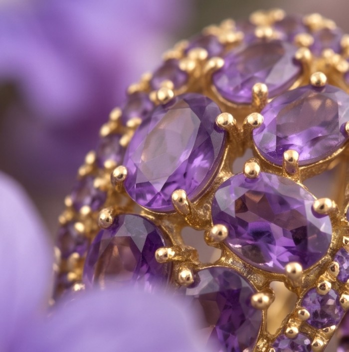 Isabel Authentic 10.4 carat Amethyst 18k Gold over .925 Sterling Silver handcrafted Statement Earrings - Amethyst stone close-up in gold setting, Isabel Authentic jewelry.
