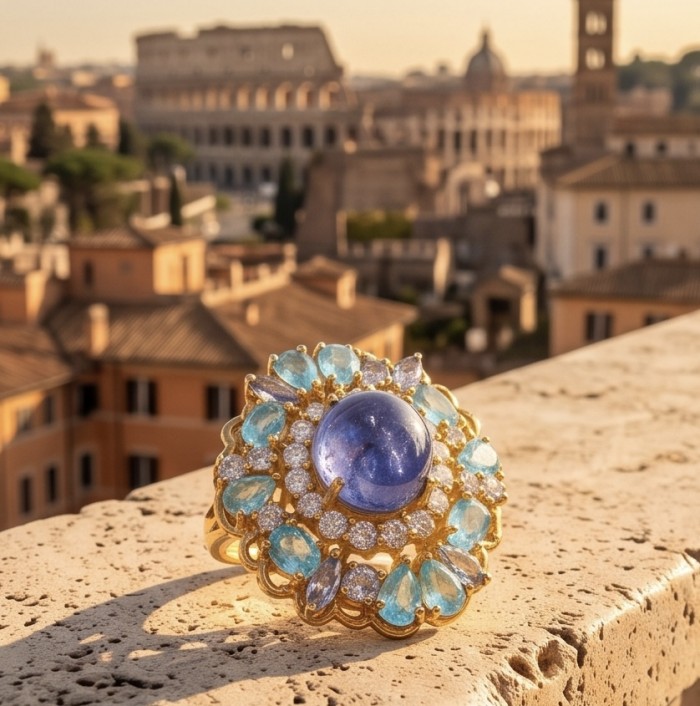 Emily oval cut 5.7 carat Authentic Tanzanite 22K Gold over .925 Sterling Silver handmade Statement ring size 8 - Close-up of Emily oval Tanzanite ring with 22K gold, Colosseum in background.