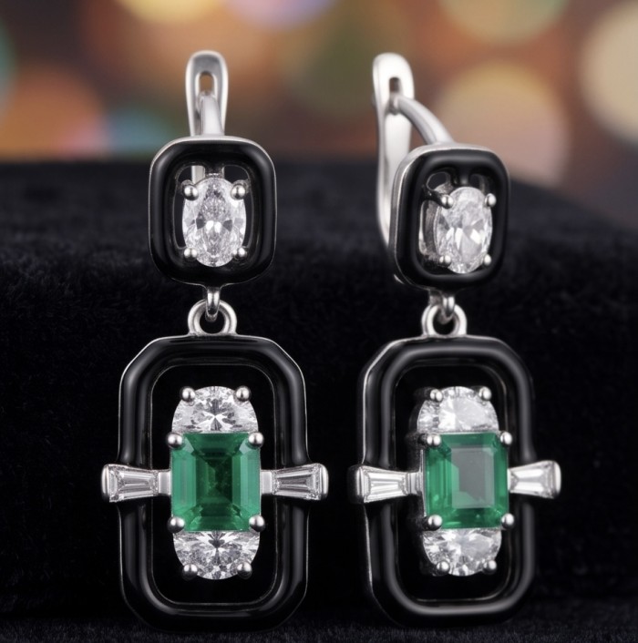 Art Deco 4.2 carat Colombian Emerald .925 Sterling Silver handcrafted Statement earrings - Art Deco emerald earrings close-up, .925 sterling silver detailing