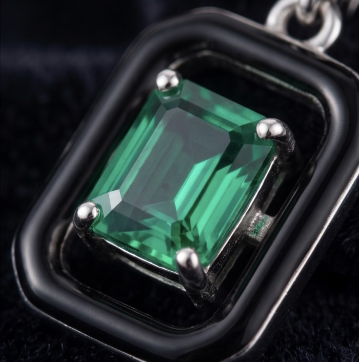 Art Deco 4.2 carat Colombian Emerald .925 Sterling Silver handcrafted Statement earrings - Close-up of Art Deco Colombian emerald in sterling silver setting.