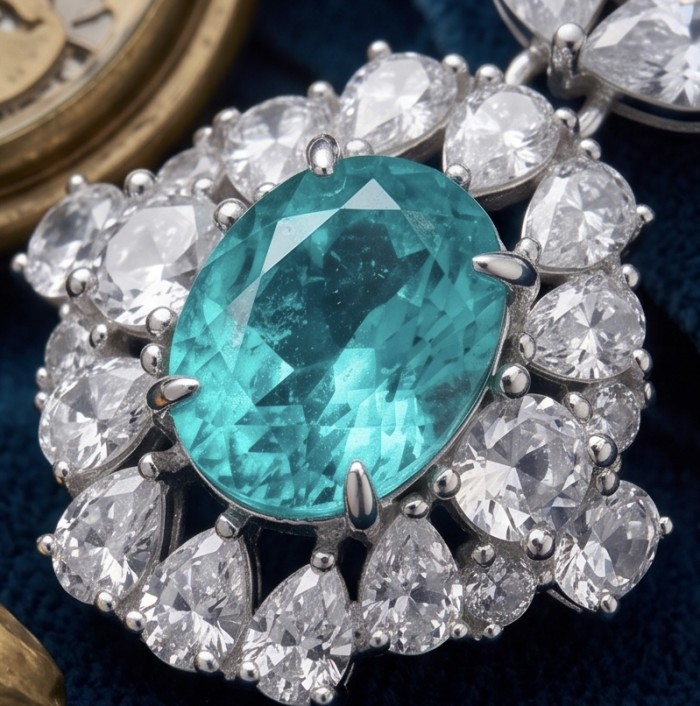 Royal Gem 4.2 carat Paraiba Tourmaline 5.2 Moissanite .925 Sterling Silver handmade Pendant - Close-up of Royal Gem Paraiba Tourmaline with Moissanite setting