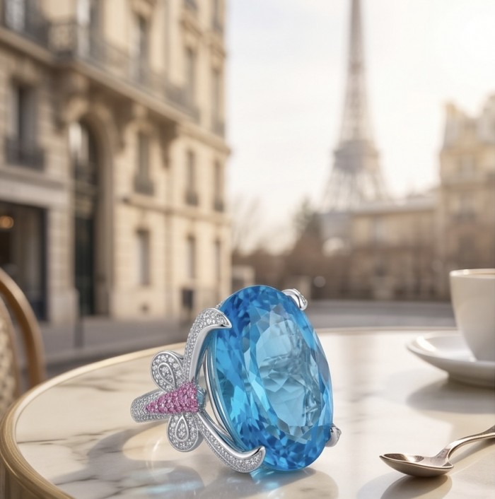 Pacifica - Authentic 30.8 carat Swiss Blue Topaz Rhodium over .925 Sterling Silver handcrafted Large Statement ring size 7 1/4 - Close-up of 30.8 ct Swiss Blue Topaz ring with Eiffel Tower background.