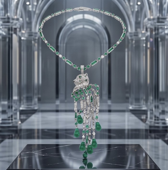 Cheetah 5.9 carat Emerald 3.5 carat Moissanite .925 Sterling Silver handcrafted Statement Necklace; 28 inches long - Front view of cheetah necklace with emerald and moissanite detailing.