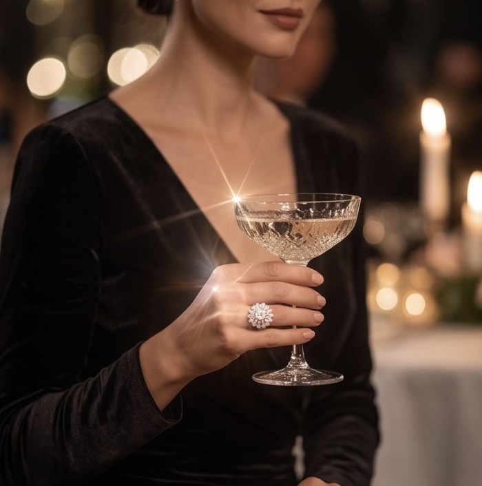 Real Beauty - 10.5 carat White Sapphire .925 Sterling Silver Handcrafted Statement Ring size 8 1/2 - Ring with 10.5 carat sapphire, worn on hand holding a champagne glass