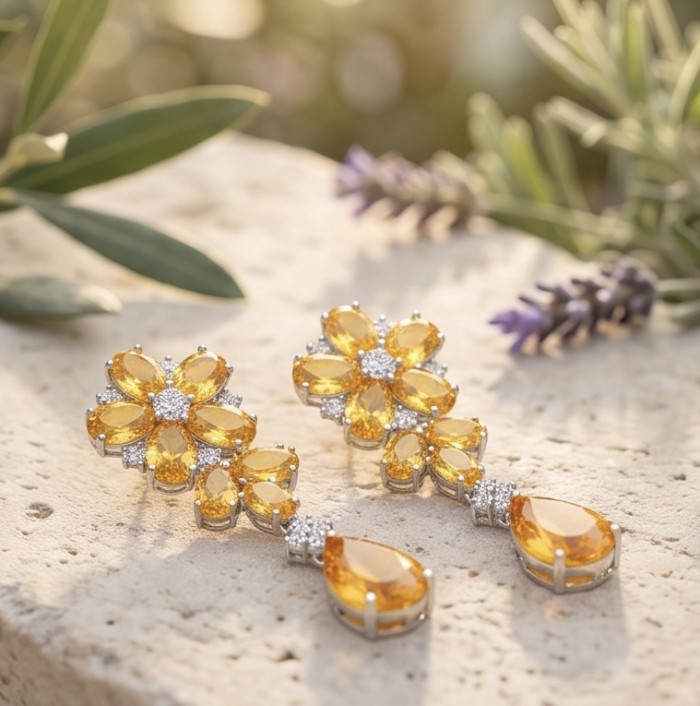 Francesca - Luxurious 28.5 carat Natural Citrine rhodium over .925 Sterling Silver handcrafted Statement earrings - Elegant citrine earrings on stone surface with floral design.