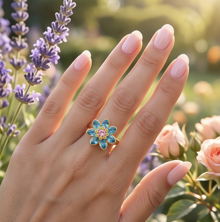 Summer flower 6.5 carat genuine Blue Topaz 14K Gold over .925 Sterling Silver handmade Statement Ring size 10 - Hand wearing Summer flower Blue Topaz ring, garden background.