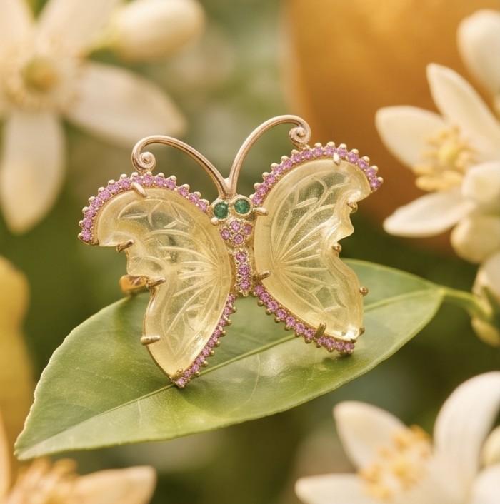 RARE BUTTERFLY Authentic 8.5 carat CARVED Brazilian Citrine .925 Sterling Silver brilliantly dipped in 18k Gold handcrafted Statement ring; s. 9 - Butterfly brooch on leaf featuring 8.5 ct carved Brazilian citrine