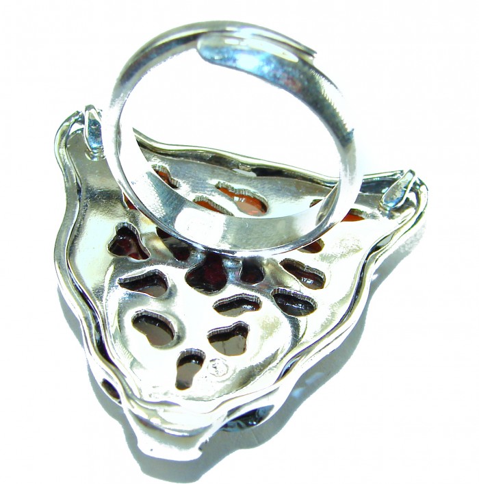 Precious Cheetah Baltic Amber .925 Sterling Silver handmade Large ring size 9 adjustable - Back view of Precious Cheetah Amber Sterling Silver ring detail