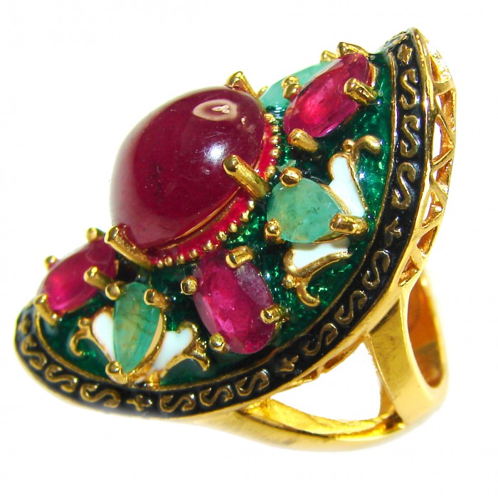 Wisdom authentic 8.7 carat Ruby enamel 18 K Gold over .925 Silver handcrafted Statement Ring s. 6 3/4 - Side view of 18K gold ring with ruby and enamel details.