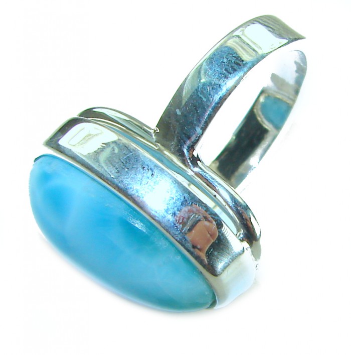 Captivating allure of Genuine AAAA Caribbean Larimar .925 Sterling Silver handcrafted STATEMENT ring size 7 adjustable - Close-up of Genuine AAAA Caribbean Larimar stone ring side view