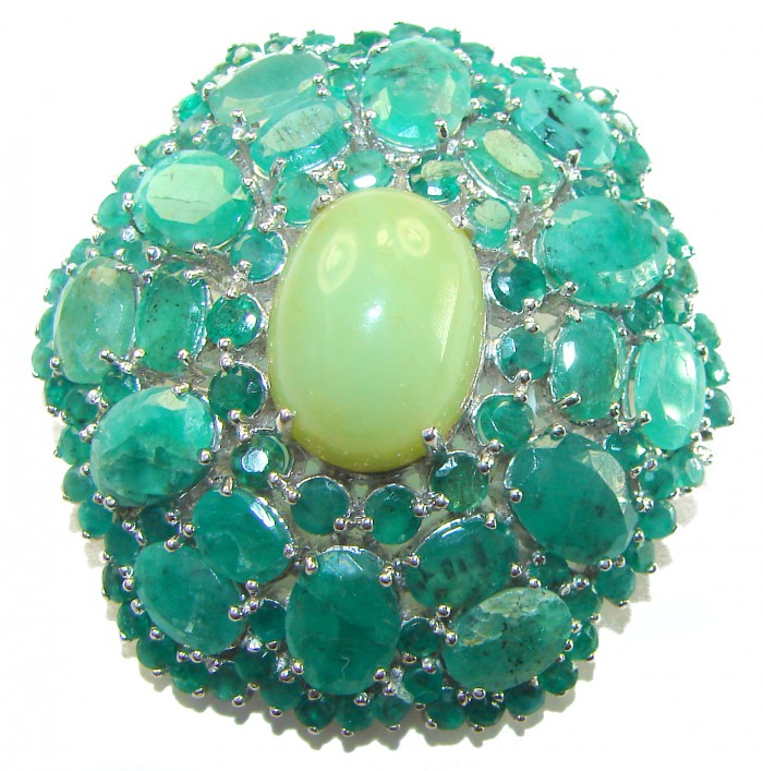 Vintage design 48.8 carat Vintage style Brazilian Green Tourmaline Colombian Emerald .925 Sterling Silver handmade Pendant - Brooch - Top view of vintage style Brazilian green gemstone jewelry piece.