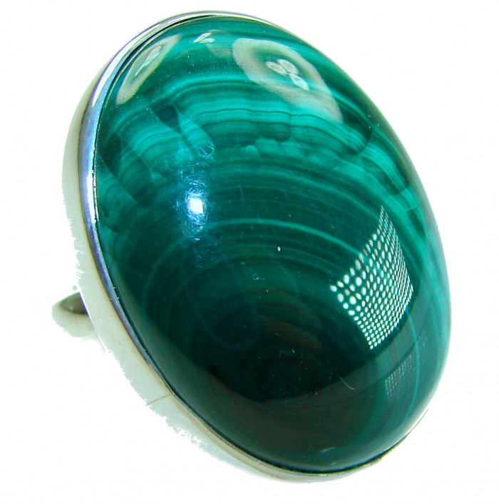32.2 CARAT genuine Malachite .925 Sterling Silver handcrafted ring size 7 adjustable - Stone close-up of 32.2 carat Malachite in .925 Sterling Silver ring