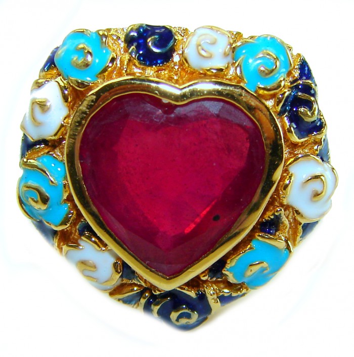 Golden Heart 12.2 carat Amber enamel 14K Gold over .925 Sterling Silver Handcrafted Ring size 7 3/4 - Heart-shaped red stone ring with blue and white enamel roses, top view.