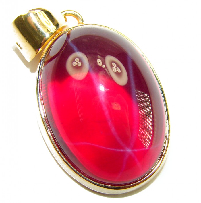 Francesca - authentic 49.5 carat Star Ruby 18K Gold over .925 Sterling Silver handcrafted Pendant - Close-up of 49.5 carat Star Ruby pendant in 18K gold setting.