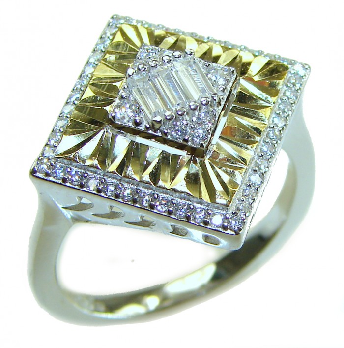Art Deco 15.2 carat White Topaz 2 tones .925 Silver handcrafted Cocktail Ring s. 8 - Art Deco white topaz ring, 2-tone silver, angled top view.