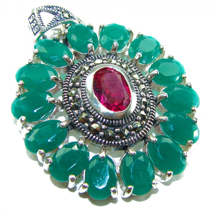 Circle of Life 8.2 carat authentic Ruby Emerald .925 Sterling Silver handmade Pendant - Close-up of Circle of Life pendant with ruby, emeralds, and .925 silver.