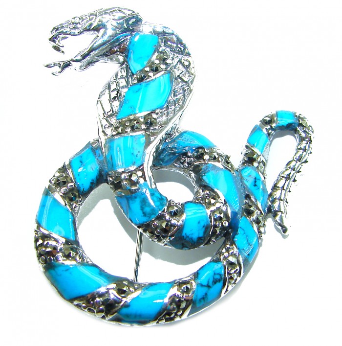 Cobra Snake inlay Turquoise .925 Sterling Silver handcrafted Brooch - Cobra snake turquoise inlay brooch, top view, .925 sterling silver.