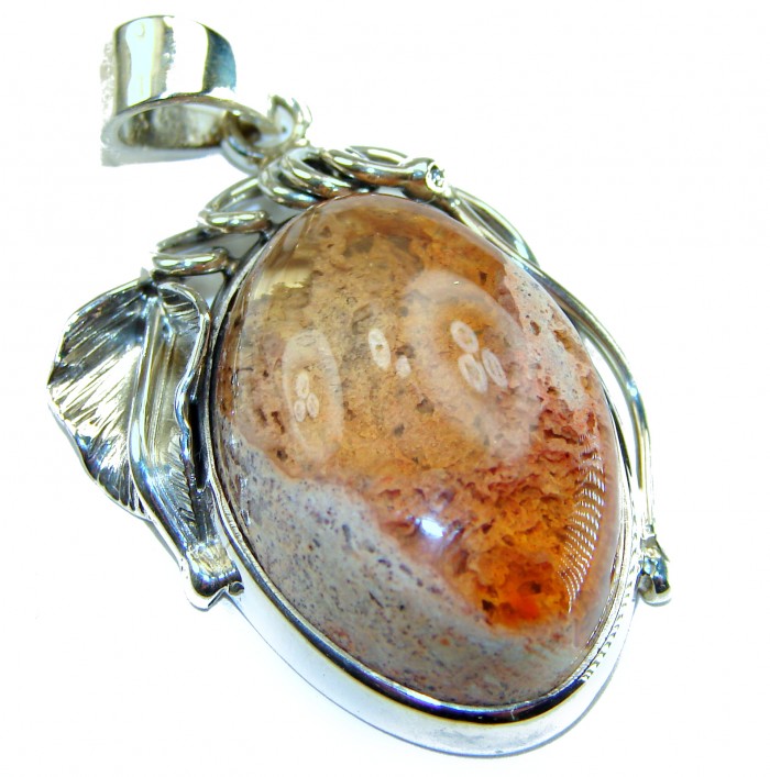 Inner Fire Natural 29.2 carat Mexican Fire Opal .925 Sterling Silver dipped in 18K Gold handmade Pendant - Close-up of Mexican Fire Opal pendant in sterling silver setting.