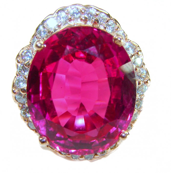 Bella Rosa Natural 18.8 carat Pink Tourmaline .925 Sterling Silver dipped in 22K Rose Gold handmade Statement Ring size 5 - Close-up of Bella Rosa 18.8 ct Pink Tourmaline in sterling silver setting.