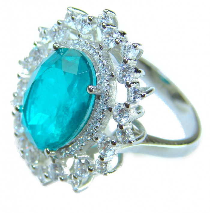 Victorian Style 24.5 carat Emerald & White Topaz Copper over Sterling Silver ring; s. 8 - Victorian style emerald ring with white topaz stones, side view.