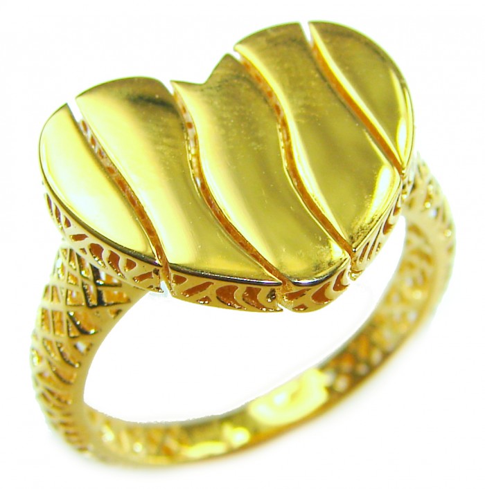 Dubai Style - Golden Heart .925 Sterling Silver dipped in 22K Gold handmade ring size 8 - Golden heart ring, top view, intricate band detail, Dubai style.