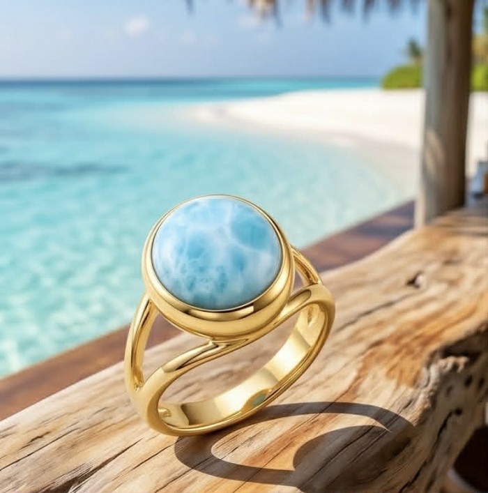 Perfection 8.9 carat Blue Larimar 18K Gold over .925 Sterling Silver handmade ring size 6 - Gold ring with blue larimar stone, beach background, side view